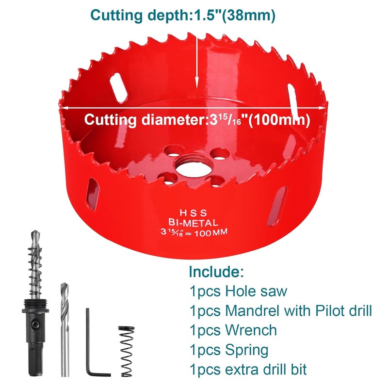 Allwin 3-15/16 Inch / 100mm Hole Saw for Wood, Plastic Board, Ceiling,Drywall, and Metal Sheet - HSS Bi-Metal Hole Cutter with Pilot Drill Bit - Image 2